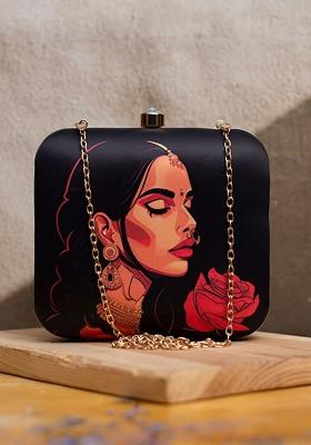 Black Fabric Graphic Printed Box Clutch