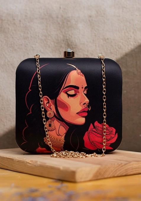 Black Fabric Graphic Printed Box Clutch
