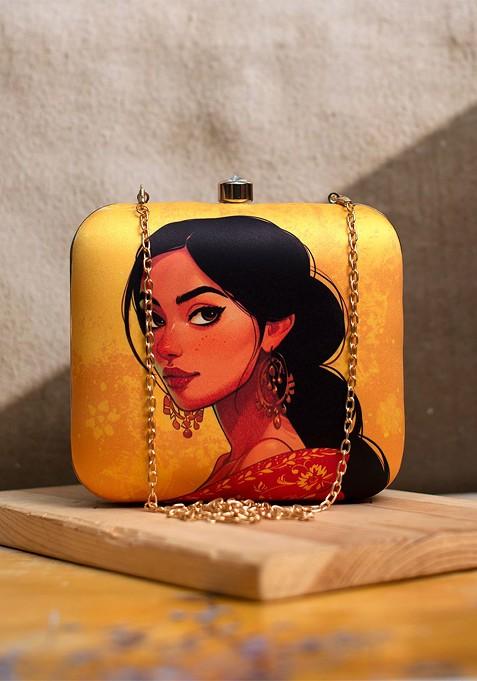 Mustard Fabric Printed Box Clutch