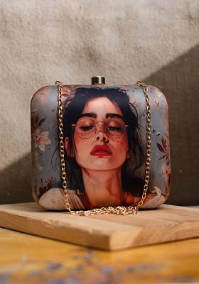 Grey Fabric Printed Box Clutch