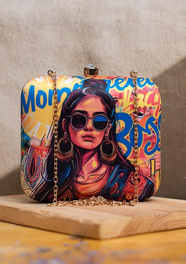 Blue Fabric Printed Box Clutch - Indya