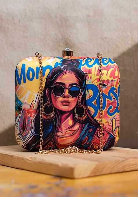 Blue Fabric Printed Box Clutch