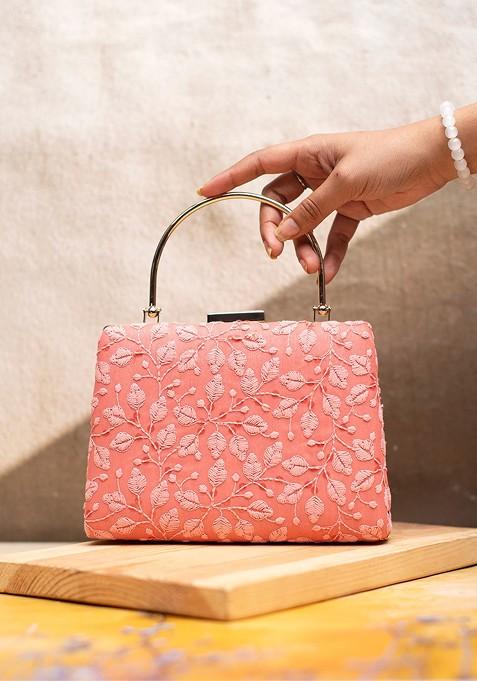 Pink Satin Embroidered Chikankari Detailed Box Clutch