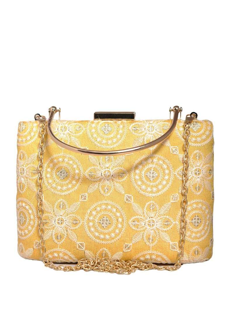 Yellow Satin Embroidered Box Clutch - Indya