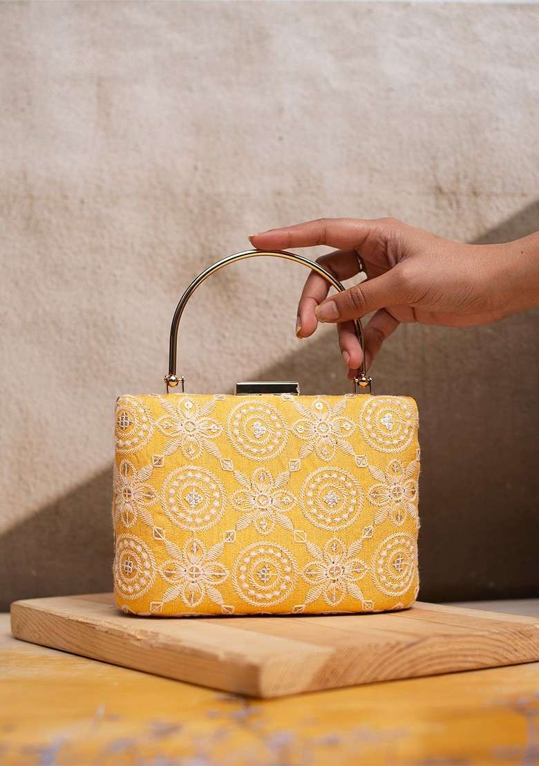 Yellow Satin Embroidered Box Clutch - Indya