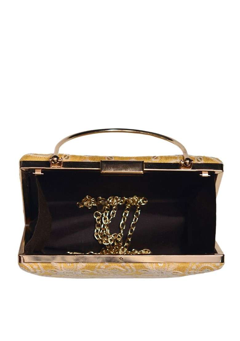 Yellow Satin Embroidered Box Clutch - Indya