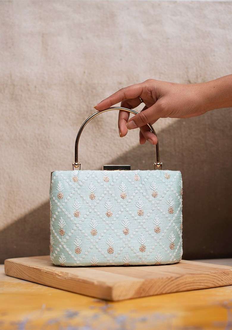 Blue Satin Embroidered Box Clutch - Indya