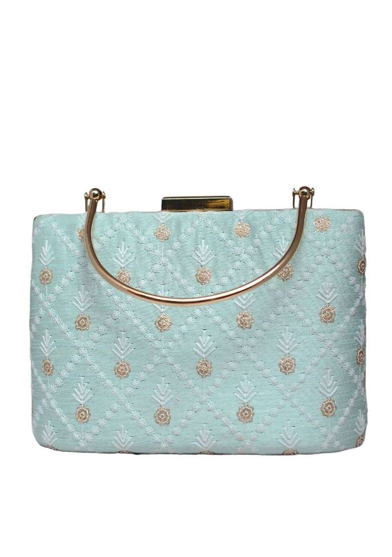 Blue Satin Embroidered Box Clutch - Indya