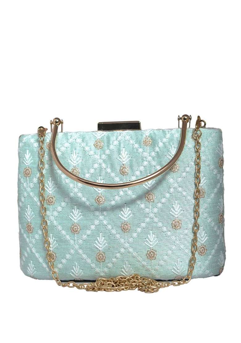 Blue Satin Embroidered Box Clutch - Indya