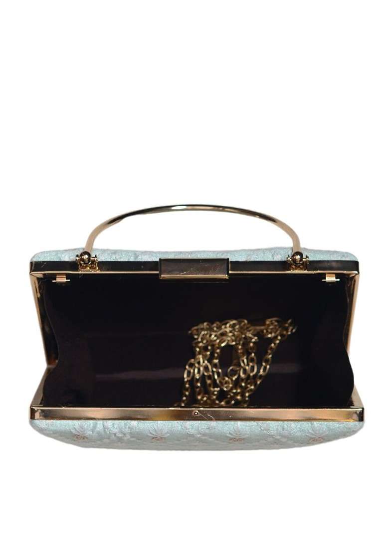Blue Satin Embroidered Box Clutch - Indya