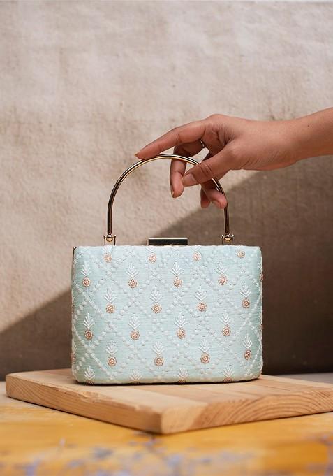 Blue Satin Embroidered Box Clutch