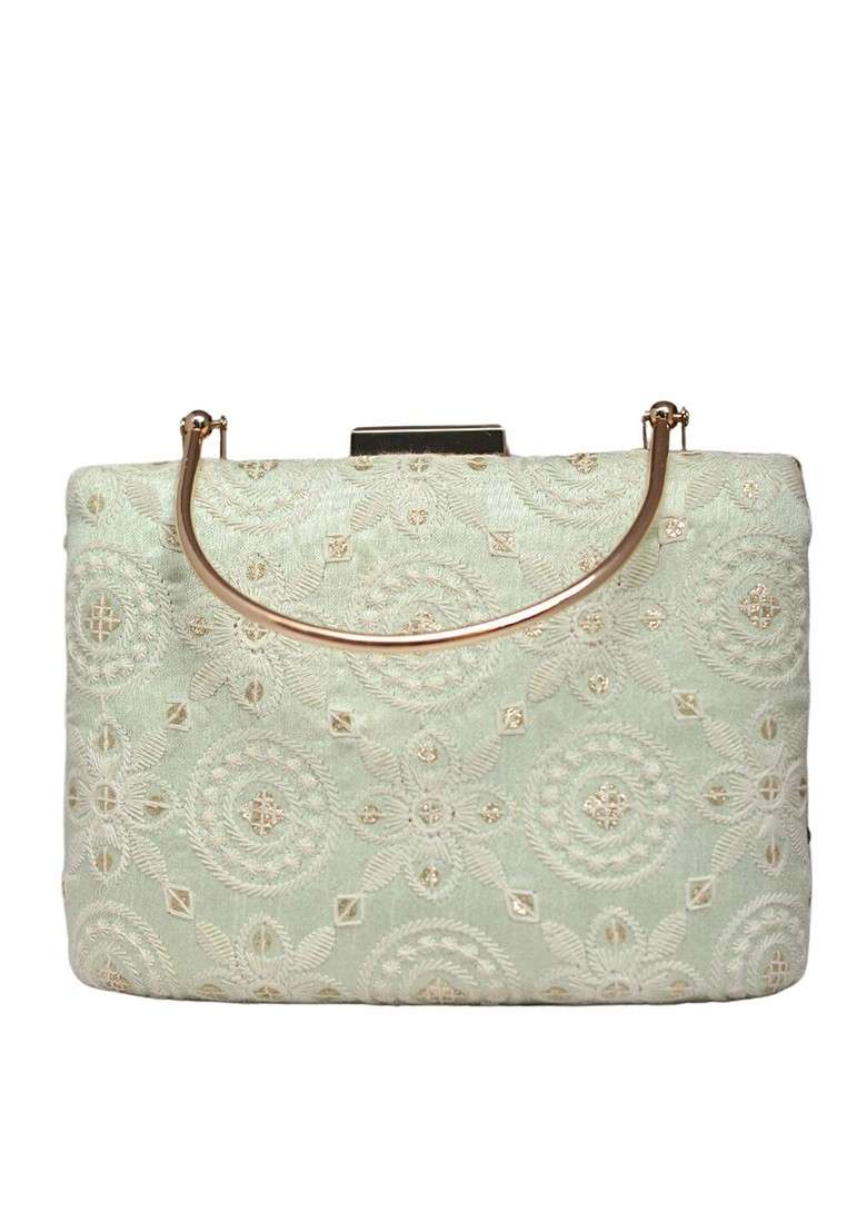 Lime Green Satin Embroidered Box Clutch - Indya