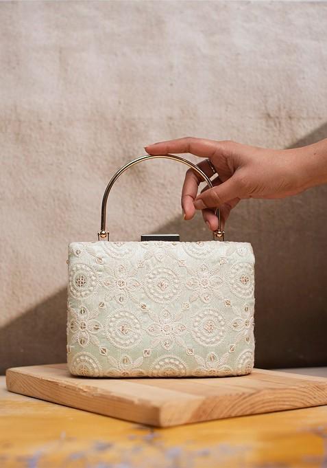 Lime Green Satin Embroidered Box Clutch