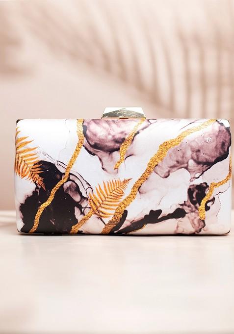 White Fabric Leaf Printed Box Clutch