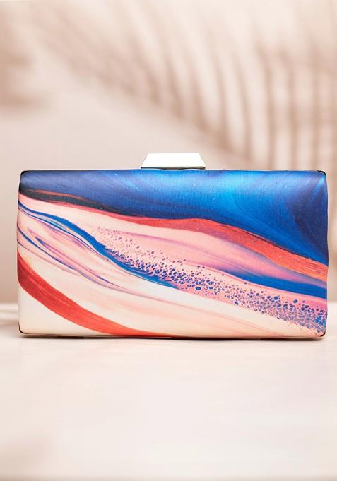 Blue Fabric Printed Box Clutch
