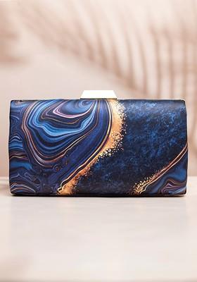 Blue Fabric Printed Box Clutch