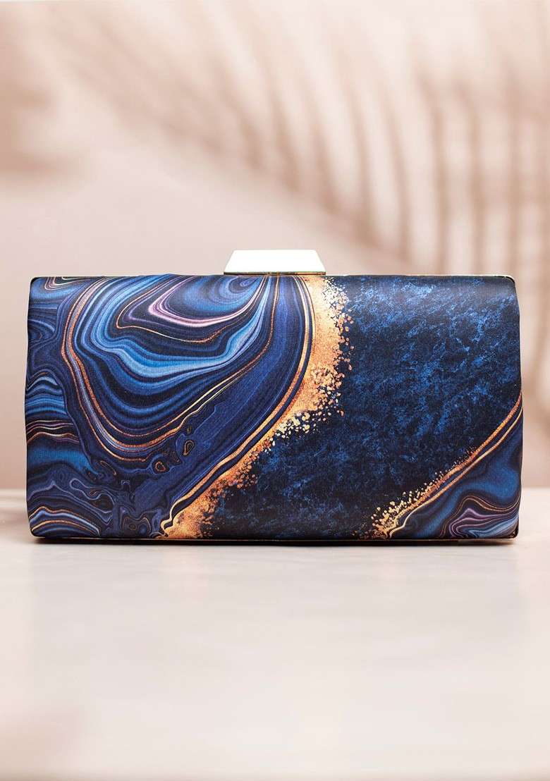 Blue Fabric Printed Box Clutch - Indya