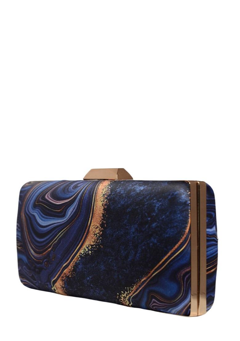 Blue Fabric Printed Box Clutch