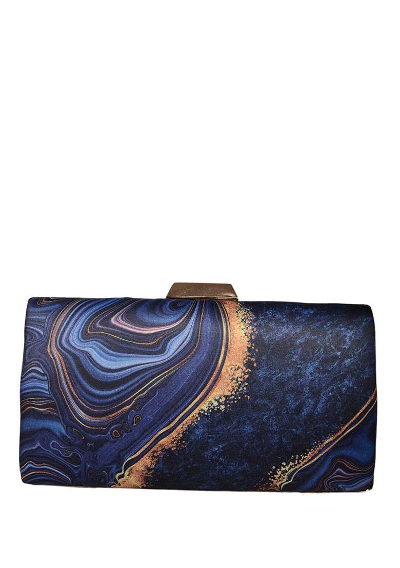 Blue Fabric Printed Box Clutch - Indya