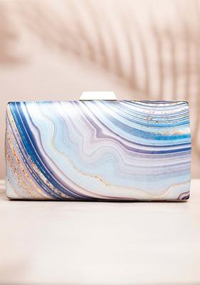 Blue Fabric Printed Box Clutch