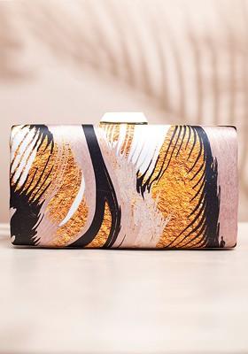 Brown Fabric Printed Box Clutch