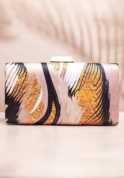Brown Fabric Printed Box Clutch