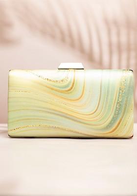 Green Fabric Printed Box Clutch