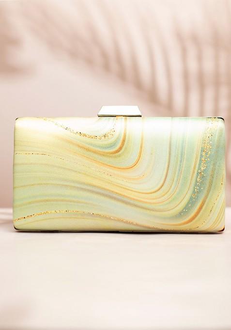 Green Fabric Printed Box Clutch