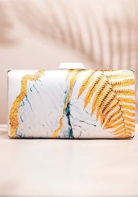 White Fabric Printed Box Clutch