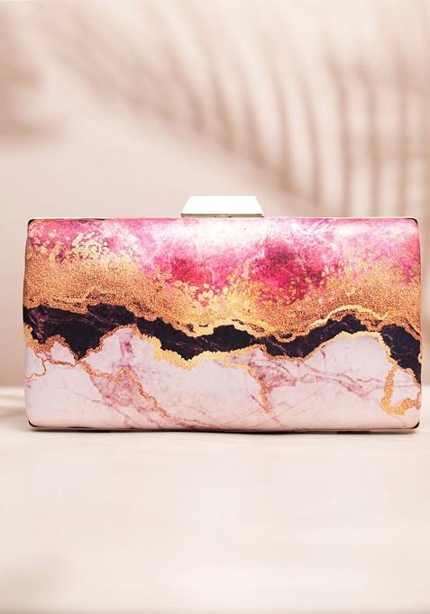 Pink Fabric Printed Box Clutch