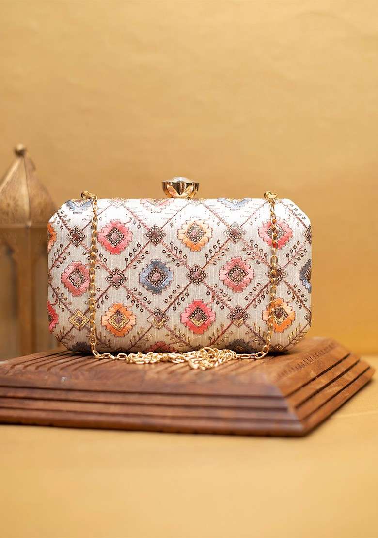 White Satin Embroidered Sequinned Detailed Box Clutch - Indya