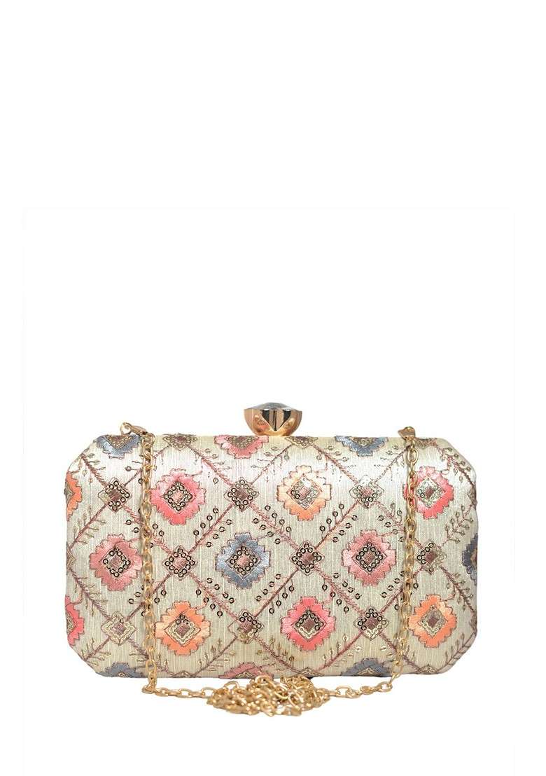 White Satin Embroidered Sequinned Detailed Box Clutch - Indya