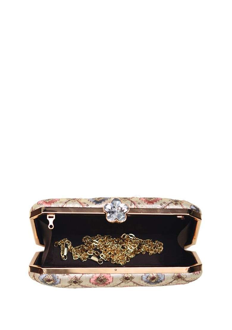 White Satin Embroidered Sequinned Detailed Box Clutch - Indya