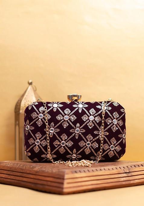 Purple Satin Embroidered Sequinned Detailed Box Clutch