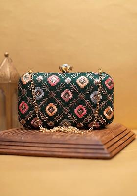 Green Satin Embroidered Box Clutch