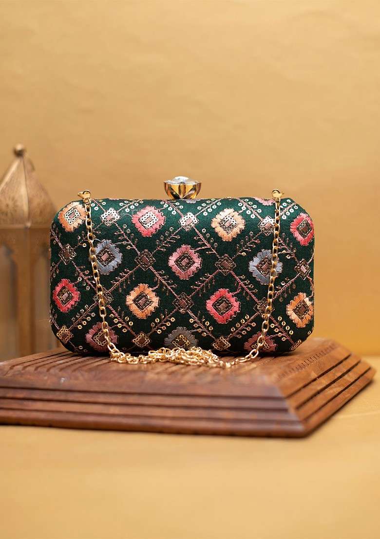 Green Satin Embroidered Box Clutch - Indya