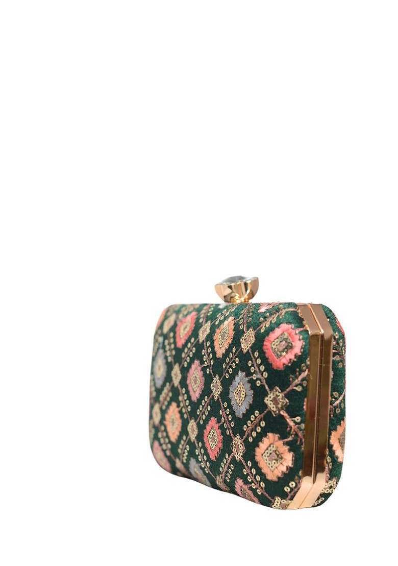 Green Satin Embroidered Box Clutch - Indya