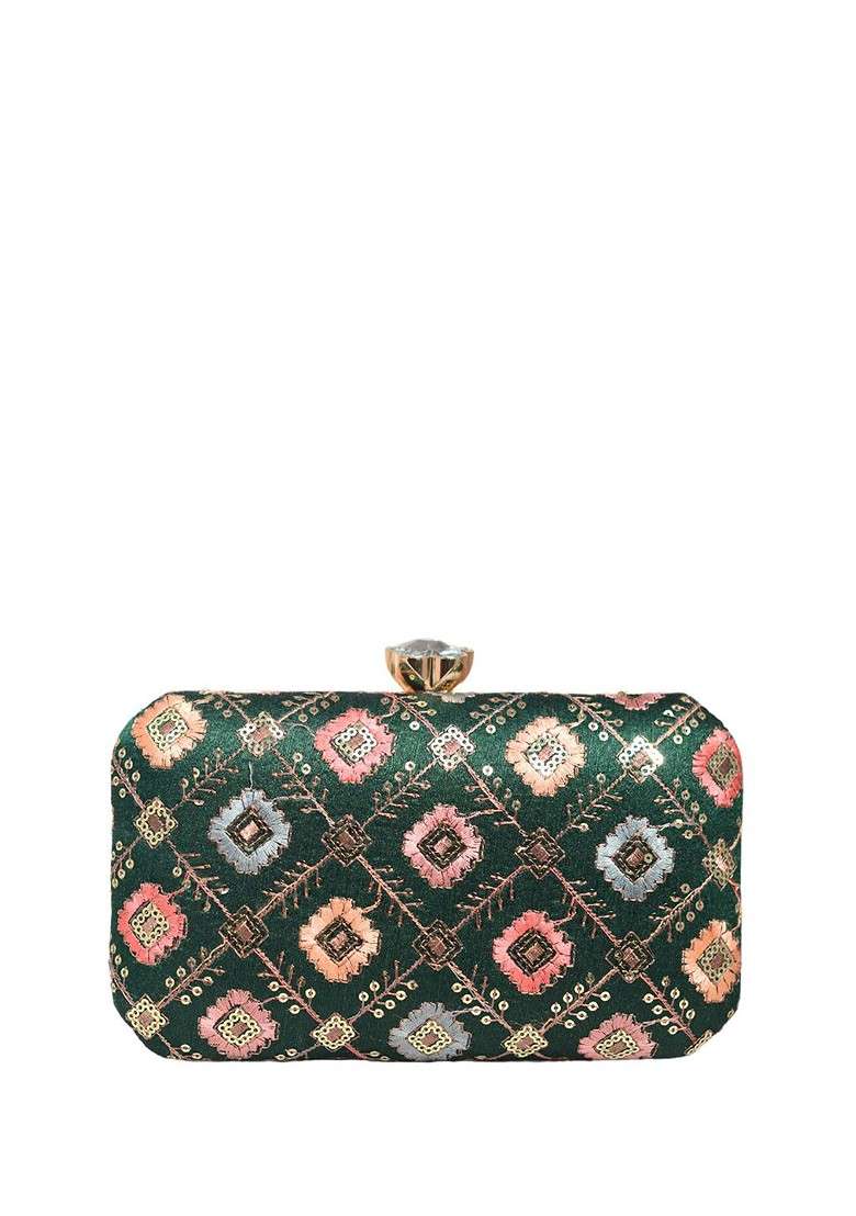 Green Satin Embroidered Box Clutch - Indya