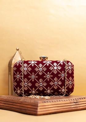 Maroon Satin Embroidered Box Clutch
