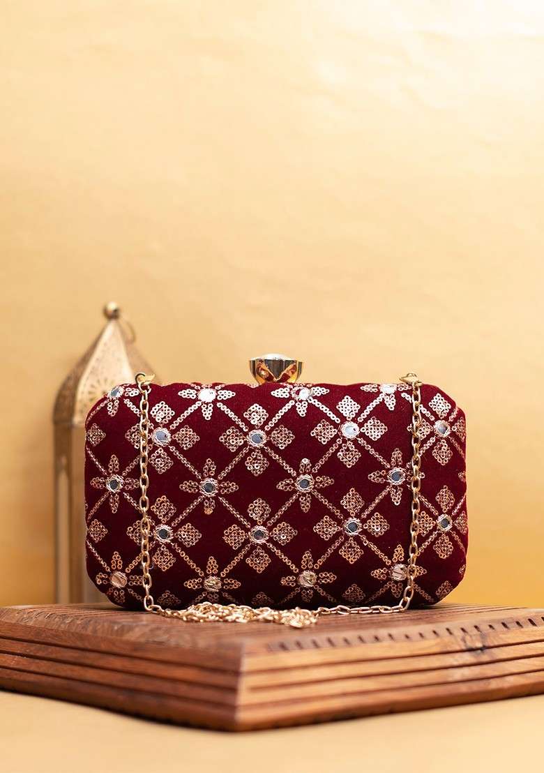 Maroon Satin Embroidered Box Clutch - Indya