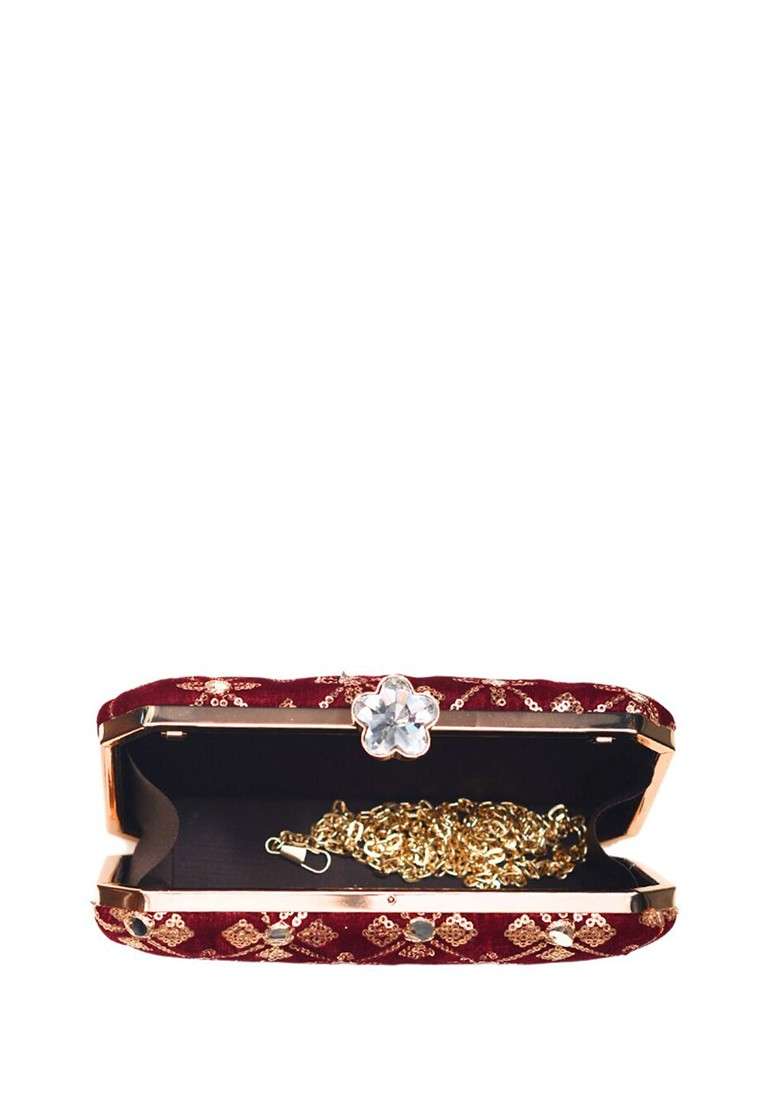 Maroon Satin Embroidered Box Clutch - Indya