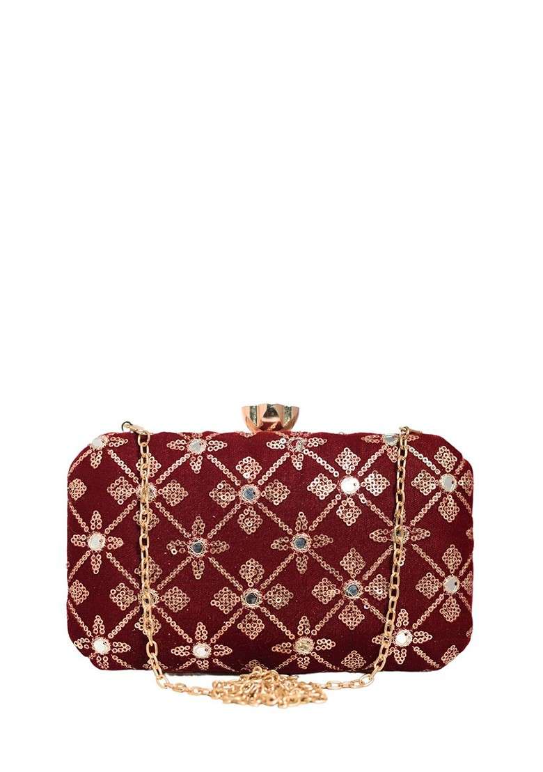 Maroon Satin Embroidered Box Clutch - Indya