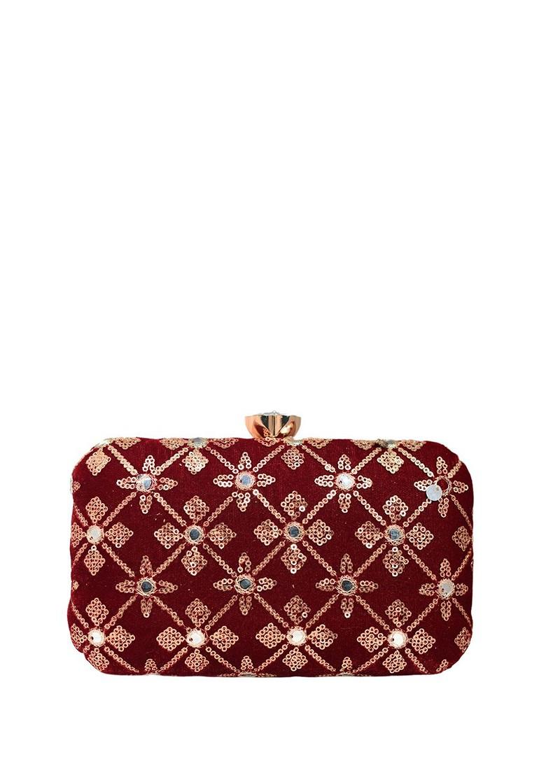 Maroon Satin Embroidered Box Clutch - Indya