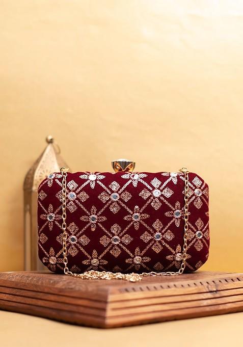 Maroon Satin Embroidered Box Clutch