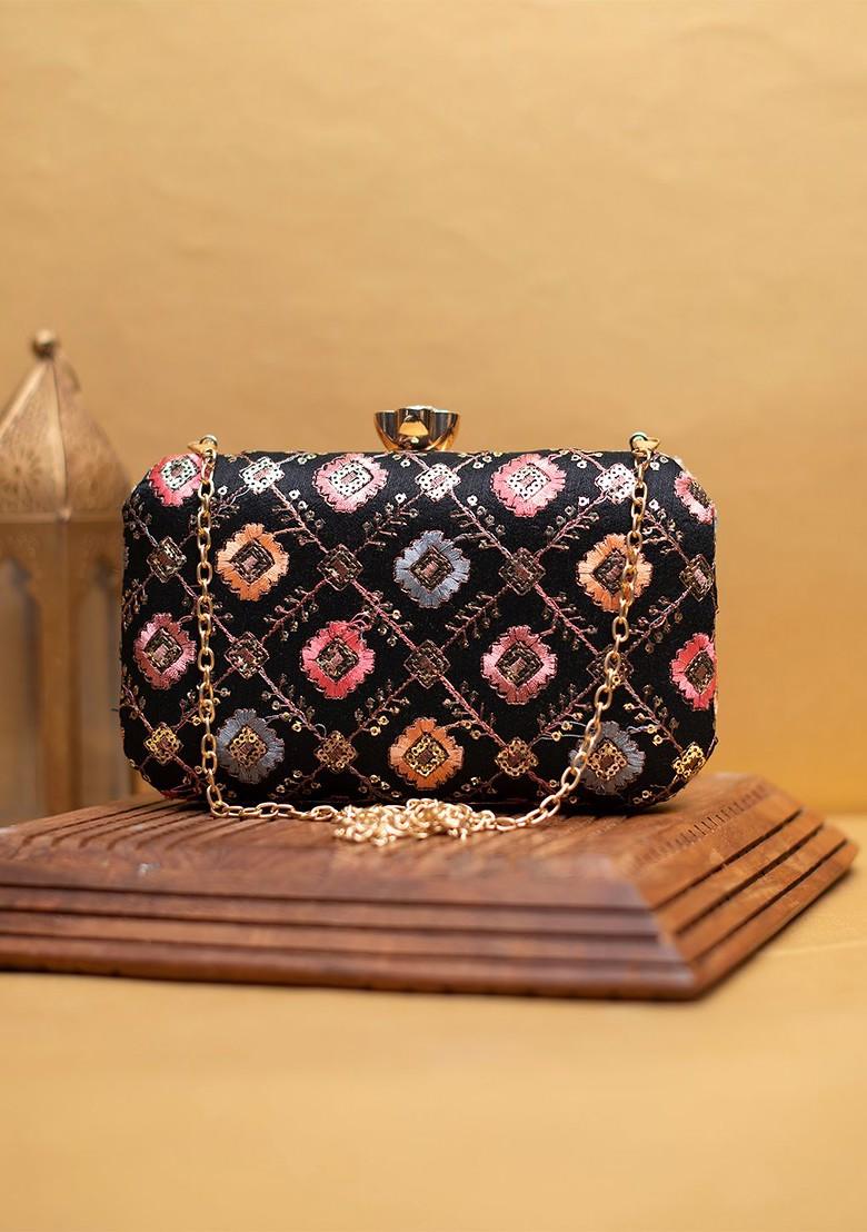 Black Satin Embroidered Sequinned Detailed Box Clutch - Indya