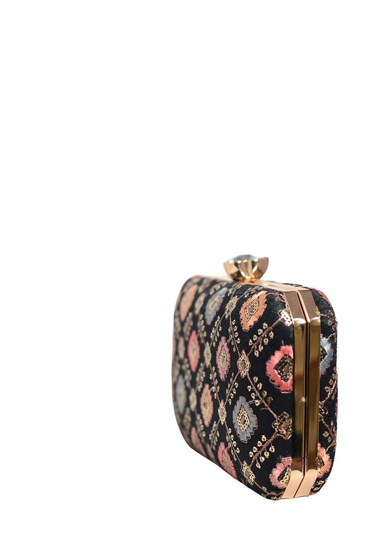 Black Satin Embroidered Sequinned Detailed Box Clutch - Indya