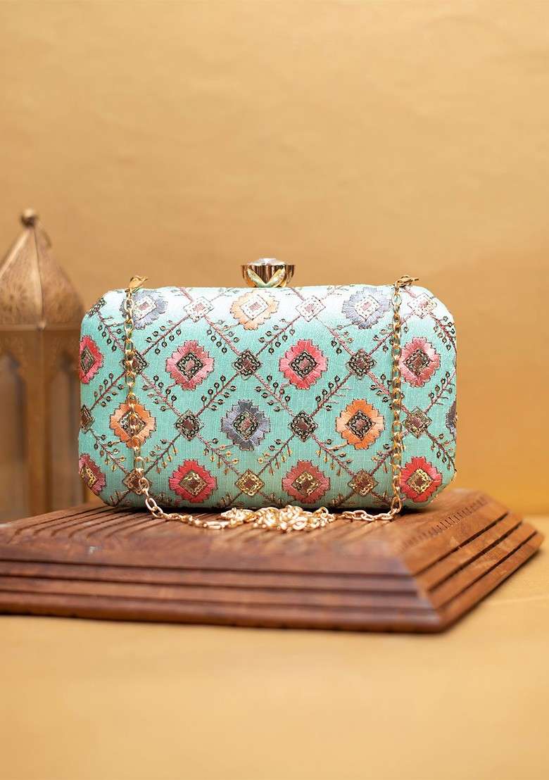 Turquoise Blue Satin Embroidered Box Clutch - Indya