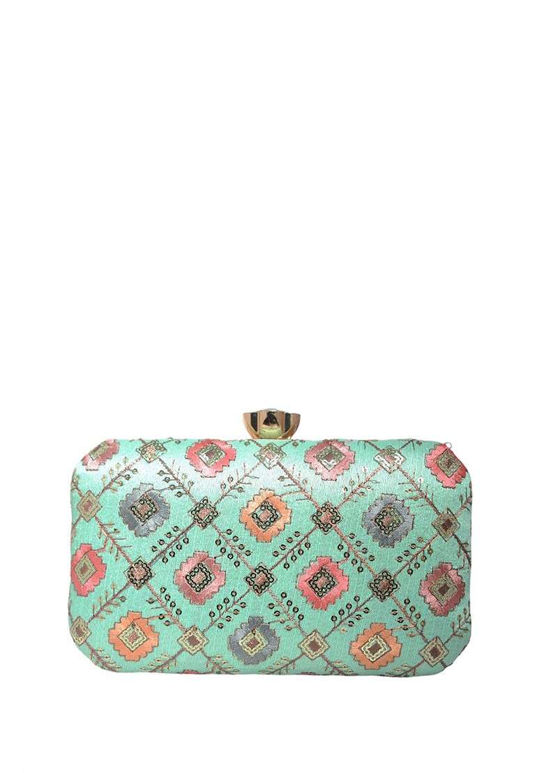 Turquoise Blue Satin Embroidered Box Clutch - Indya