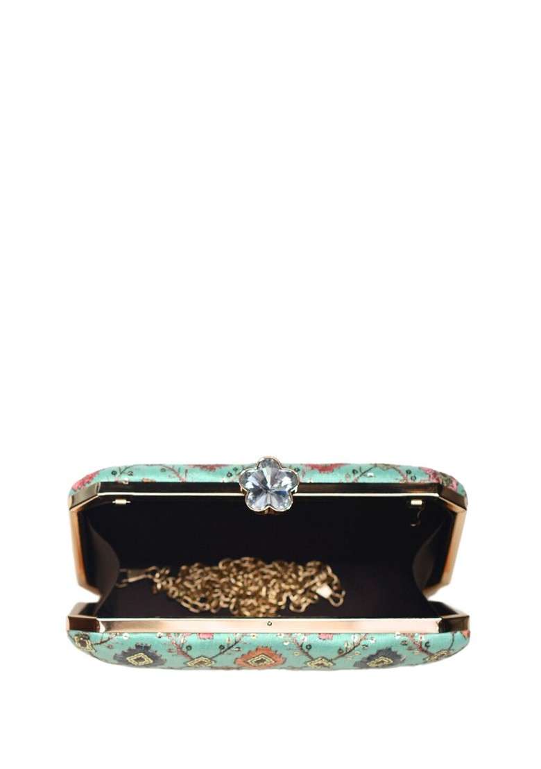 Turquoise Blue Satin Embroidered Box Clutch - Indya
