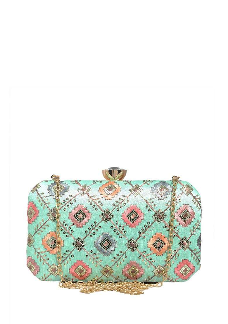 Turquoise Blue Satin Embroidered Box Clutch - Indya
